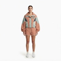 Conjunto de Chaqueta Cortavientos y Pantalones Cortos de Nailon Taslan para Mujer, Estilo Retro Vintage, Ligero, Resistente al Viento, con Bloques de Color y Diseño de Parches