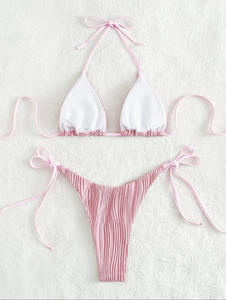 Ensemble bikini côtelé deux pièces pour femme, maillot de bain croisé à dos nu, bas string, couleur unie, extensible, tenue de plage - Product Image 5