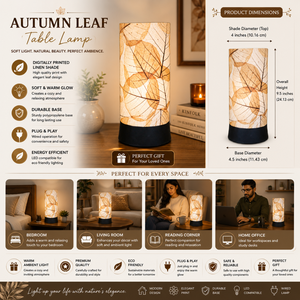 Modern Botanical Leaf Printed Linen Table Lamp | Decorative Bedside <b>Night</b> <b>Light</b> | Living Room Desk Lamp | Warm Ambient Home - Product Image 5