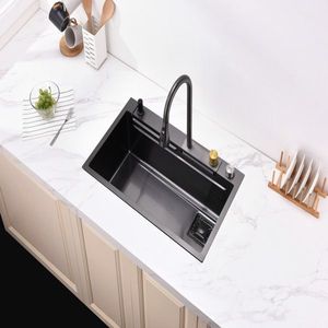 Lavello da cucina singolo grande in acciaio inossidabile Nano 304 con design a cascata a pioggia, vasca singola per rubinetti domestici e lavaggio verdure - Product Image 6
