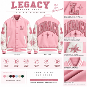 เสื้อแจ็คเก็ตวาร์ซิตี้สีชมพูสำหรับผู้ชาย ผ้าฝ้าย 100% ปักลายตัวอักษร L ประดับเลื่อม ปักลายดาว สไตล์พรีปปี้ ทรงปกติ คอตั้ง ติดกระดุมแถวเดียว - Product Image 5