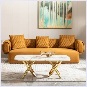 Modern Velvet Sofa Set With Quilted Cushions Orange Contemporary Living Room Furniture Indoor Decor - Product Image 1