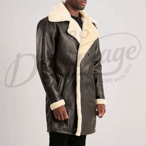 Manteau en cuir véritable marron foncé pour homme, doublure en fausse fourrure, chaud pour l'hiver, long, à double boutonnage, en cuir - Product Image 5