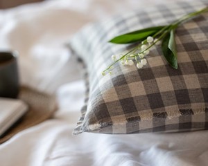 Fodera <span class=keywords><strong>per</strong></span> cuscino in lino naturale a quadri con cerniera, federa in lino a quadretti con frange, copricuscino in lino a plaid - Product Image 4