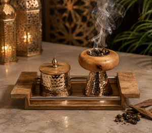 Ensemble brûleur à bakhoor en laiton et bois avec plateau, pot de rangement pour oud martelé de luxe, mabkhara finition dorée pour la décoration intérieure arabe - Product Image 1