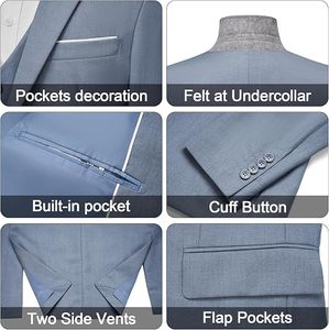 Traje de 3 Piezas para Hombre, Color Azul Claro, Estilo Británico, Cuello de Solapa, Blazer, Chaleco y Pantalones, Cierre de un Botón, Antiarrugas, Formal de Negocios - Product Image 5