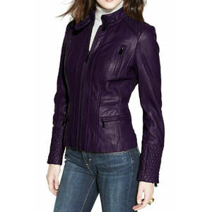 Veste moto matelassée en cuir véritable Leathertex à col montant violet pour femme - Product Image 2