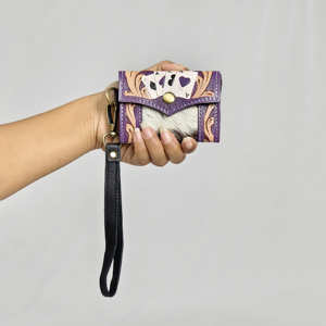 Cartera Corta Unisex de Cuero Genuino Walla, Anti-Robo, con Diseño Floral Tallado, Elegante, Color Morado, Multiusos, Estilo Occidental - Product Image 1