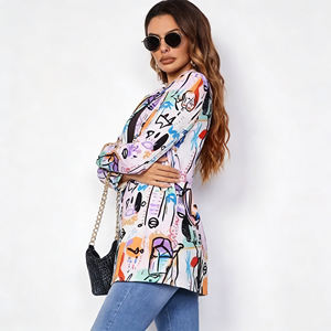 Oferta en Temu: Blazer Abierto con Estampado Abstracto de Grafiti para Mujer, Casual, Manga Larga, Cuello Solapa, Ropa de Oficina - Product Image 2