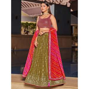 Fabuleux Paillettes Vert Olive Georgette Lehenga Choli Avec Dupatta - Product Image 4