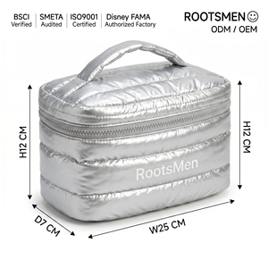 Rootsmen Custom Silver Thick Quilted PVC Waterproof Soft Lightweight Puffy Travel <b>Makeup</b> Bag Zipper <b>Storage</b> Women Fashion - Product Image 1