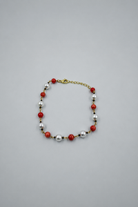 Brass Coral Pearl Stackable Beaded Bracelet | Gold Tone Layering Chain Bracelet - Product Image 2