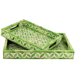 Plateau de service rectangulaire en bois avec incrustations de fleurs beige, fait à la main, plateau décoratif pour la maison de luxe, la cuisine et la décoration de table - Product Image 4