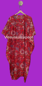 Handcrafted Red Floral Printed Cotton <b>Kaftan</b> Women Elegant V-Neck <b>Summer</b> Loungewear Breathable Bohemian Midi High Waist - Product Image 4