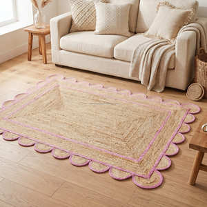 Blush Pink Rectangular Braided Jute Nursery Rug with Decorative Border - Product Image 1