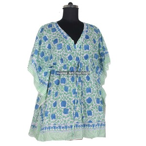Vestido Kaftán Estampado a Mano de Primera Calidad 100% Algodón KFCS016, Vestido Corto Ligero Informal para Mujer - Product Image 6