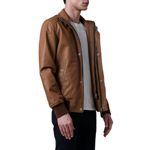 Chaqueta Bomber de Cuero Genuino Marrón para Hombre, Cuello Alto, Cierre de Cremallera, Estilo Casual - Product Image 2