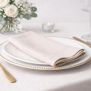Guardanapo de Linho e Algodão Bege Artesanal com Bainha Enrolada Quadrada Estilo Europeu 60x60cm Lavável para Uso em Restaurantes, Casas e Aviões - Product Image 1