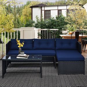 Set da Giardino in Rattan a 3 Pezzi: Divano, Chaise Longue e Tavolo a L con Cuscini Morbidi e Piano in Vetro Temperato - Product Image 2