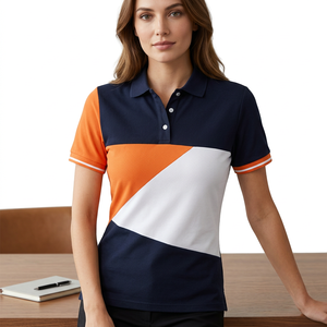 Men's Color Blocked <b>Polo</b> Shirt Short Sleeve Geometric Design Casual Woven Fabric Navy <b>Orange</b> White - Product Image 5