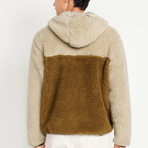 Veste polaire à capuche pour homme, style color block, fermeture éclair, décontractée, pour l'hiver, coupe classique, beige et marron, sweats à capuche en sherpa - Product Image 2