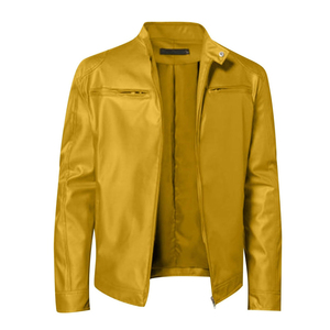 Veste universitaire de luxe personnalisée en cuir véritable gaufré imperméable couleur moutarde pour homme à prix abordable - Product Image 1