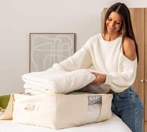 Large Capacity Cotton Canvas Storage Bag Cream Quilt Organizer Durable <b>Moving</b> Tote With Reinforced Handles - Product Image 3