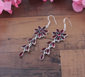 925 Sterling <b>Silver</b> Natural Red Garnet Flower Drop <b>Earrings</b> | Wholesale Handcrafted Marquise Leaf Long <b>Dangle</b> Chandelier <b>Earring</b> - Product Image 5
