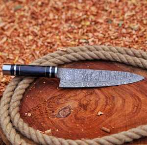 Couteau de chef artisanal en acier Damas de huit pouces avec manche en bois de Pakka noir, couteau de cuisine professionnel très tranchant pour la cuisson - Product Image 1