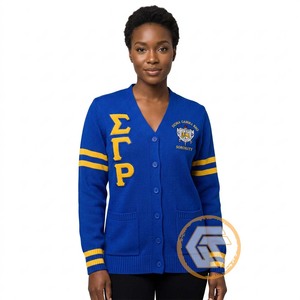 Tresors grecs – Nouveauté : Appliques brodées personnalisées en acrylique Sigma Gamma Rho, col en V, décontracté, boutonné sur le devant, pour l'hiver, pour femmes de sororité - Product Image 1