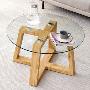 Moderno pratico tavolino circolare trasparente in vetro temperato colore legno MDF formato materiale 31.5 "* 31.5" * 17.7 "per - Product Image 1