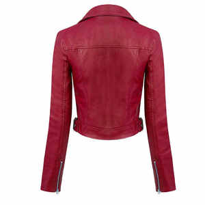 Chaqueta de cuero de cuello alto con cremallera y bolsillos, color rojo oscuro, a la moda, para mujer, al por mayor - Product Image 2