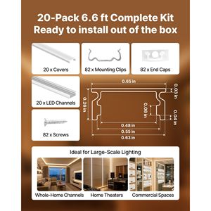 Confezione da 20 Profili LED in Alluminio a Forma di U da 2M/6,6 Ft con Copertura Opaca e Tappi Terminali, Clip di Montaggio per Pannelli LED Flessibili - Product Image 4