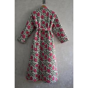 Bata Kimono de Algodón con Estampado Floral, Cuello en V, Cierre con Cordón, Bata Larga para Mujer, Hecha a Mano en India, Estilo Boho, Ligera - Product Image 5