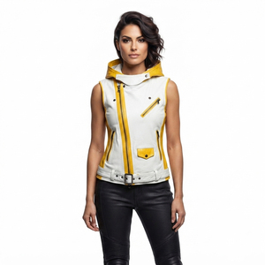 Chaleco de cuero con capucha para mujer, sin mangas, con cinturón, múltiples bolsillos frontales con cremallera, OEM - Product Image 1