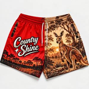 กางเกงขาสั้นพิมพ์ลายสำหรับผู้ชาย Country Shine ลายจิงโจ้ ผลิตจากผ้าโพลีเอสเตอร์/คอตตอนที่เป็นมิตรกับสิ่งแวดล้อม เอวสูง มีเชือกผูกและกระเป๋า - Product Image 1