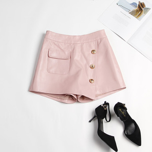 Red And Cream High Waist Leather Shorts With Button Closure And Pocket Detail - Product Image 3