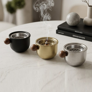 Compact Rounded Metal Incense <b>Burners</b> In Black Gold And Silver Finishes Each Featuring <b>Side</b> Wooden Ball Handles And Mesh Inserts - Product Image 6