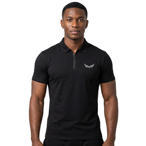 Men's Black Fit Short Sleeve Polo <b>Shirt</b> With Zipper Collar Casual Knitted Solid Color <b>T</b>-<b>Shirt</b> - Product Image 3