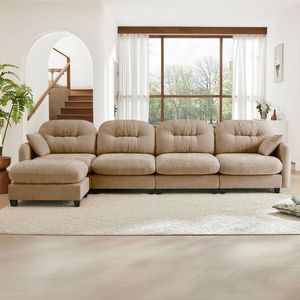 Divano Componibile a L in Legno di Alta Qualità con Tessuto Morbido in Ciniglia, Design Ergonomico Trapuntato e Plissettato per Soggiorno - Product Image 3