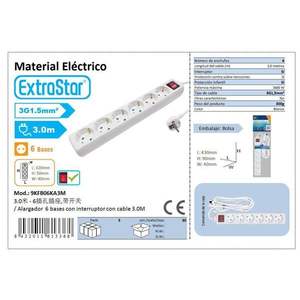 Multiprise 6 prises avec interrupteur et câble, 6 bases, en plastique, origine Espagne, pour fournitures de bureau - Product Image 1