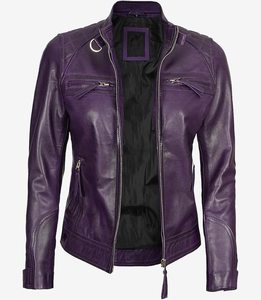 Chaqueta de Motociclista de Cuero PU Morado para Hombre, Cuello Alto, Cierre de Cremallera, Corte Regular, Color Sólido, Estilo Otoñal - Product Image 5