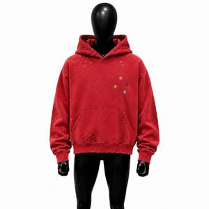 Sweat à capuche oversize rouge texturé, effet vieilli, avec broderie étoile multicolore et imprimé léopard ton sur ton, style streetwear vintage délavé - Product Image 1