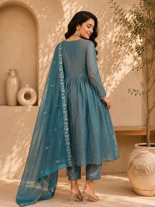 Blue Embroidered Anarkali Suit Silk Blend Kurta <b>Pyjama</b> Set Reversible Wrinkle Free Stretchable Party Wedding Wear - Product Image 3