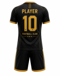 ชุดยูนิฟอร์มฟุตบอลพิมพ์ลายซับลิเมชั่นสีดำทองพรีเมียม ชุดเสื้อสโมสรฟุตบอลมืออาชีพพร้อมโลโก้สั่งทำ กางเกงขาสั้นเข้าชุด - Product Image 2