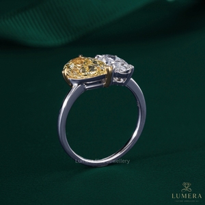 Bague de fiançailles personnalisée ovale et poire Toi et Moi avec diamant de laboratoire, diamant poire jaune fantaisie, or blanc 14K 18K, bijoux fins - Product Image 3