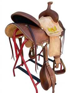 Silla de montar western de madera duradera de primera calidad, hecha a mano, de cuero natural rugoso y suave, con herrajes de latón niquelado, para espectáculos ecuestres y carreras de barriles. - Product Image 2