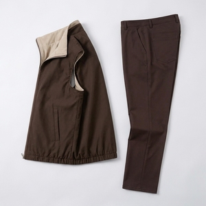 Custom Men's Brown Sleeveless <b>Zip</b> Vest & Chino Pants Set | OEM Private Label Apparel Manufacturer Gilet Vest Bodywarmer & Pant - Product Image 3