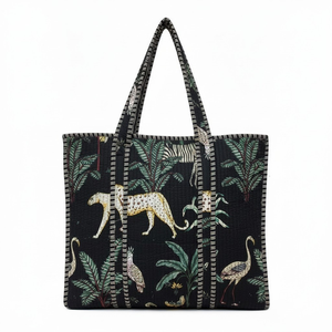 Sac fourre-tout matelassé en coton écologique réutilisable à motif léopard, personnalisable avec logo, poignées renforcées, pour le shopping - Product Image 1