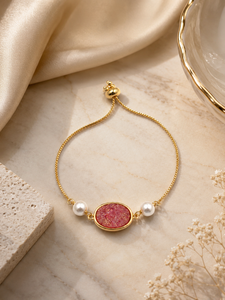 Gold Plated Chain Bracelet With Pink Stone And Imitation Pearl Women's Romantic Style Adjustable Link Jewelry - Product Image 3